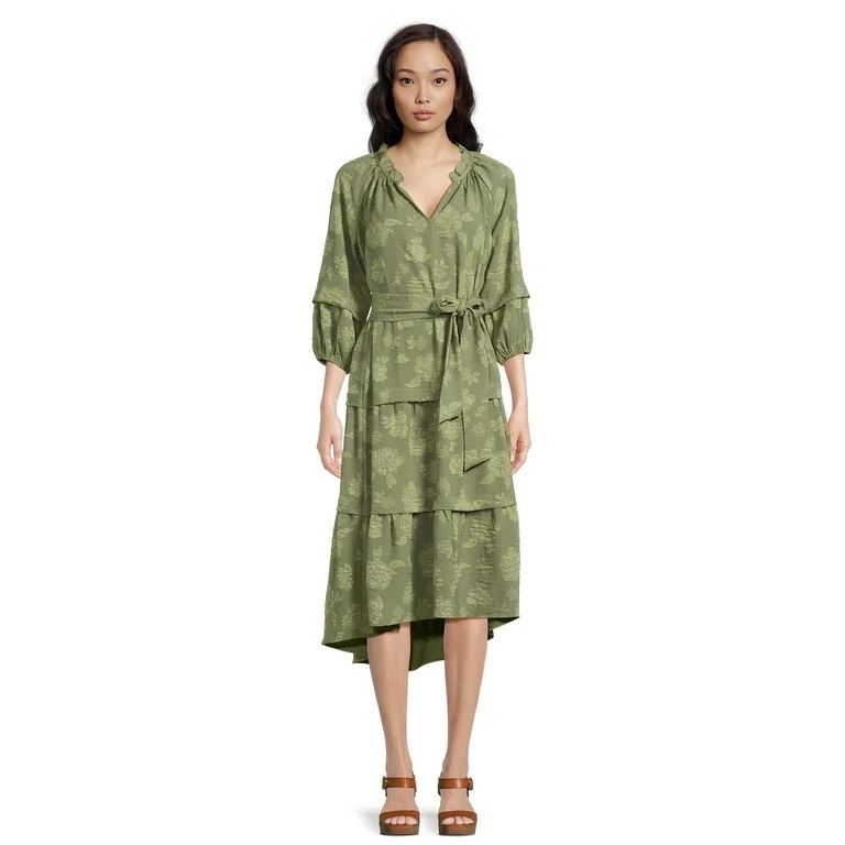 The Pioneer Woman 3/4 Sleeve Tiered Ruffle Midi Dress, Women's | Walmart (US)