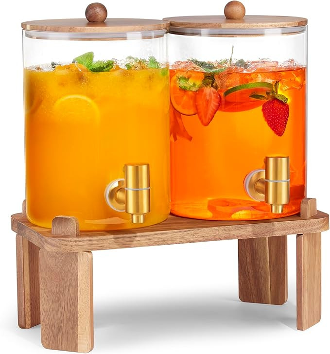 2 PCS 1 Gallon Drink dispenser, Glass Beverage Dispenser With Wood Stand, Large Water Drink Dispe... | Amazon (US)