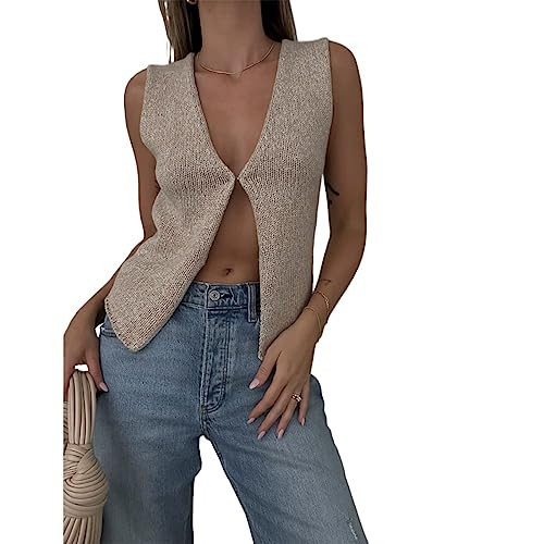Women Crochet Knit Vest Sleeveless Button Down Vintage Knitted Vest Tops Y2k Streetwear Oatmeal S | Amazon (US)
