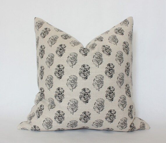 Cream Floral Pillow 20x20, Modern Designer Pillows, Charcoal Floral Throw Pillow, Block Print Pil... | Etsy (US)