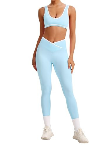 ABOCIW Workout Sets for Women Color Block Sports Bra Crossover High Waist Leggings Gym Sets 2 Piece Yoga Pilates Outfits Athletic Work Out Clothes Blue X-Large | Amazon (US)