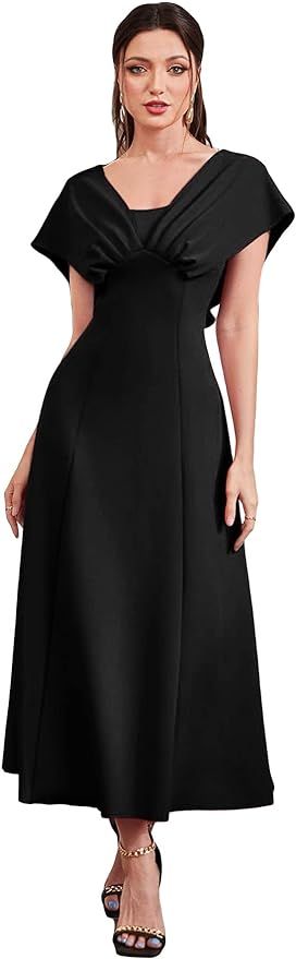MakeMeChic Women's Elegant Cap Short Sleeve V Neck A Line Flared Formal Party Long Dress | Amazon (US)