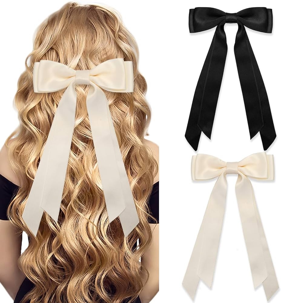 GOSALISU Hair Bows for Women 2 Pack Silky Satin Hair Ribbon Bow Ponytail Holder Hair Clips - Beig... | Amazon (US)