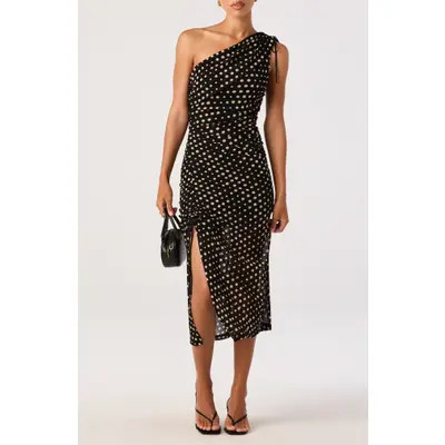 ASTR the Label Esmerande Polka Dot One-Shoulder Midi Dress in Black Nude Polkadot at Nordstrom, Size Small | Nordstrom