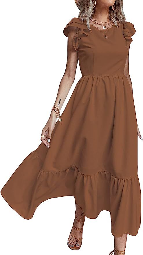SheIn Women's Casual Cap Sleeve High Waist Flowy A Line Maxi Dress Long Dresses | Amazon (US)