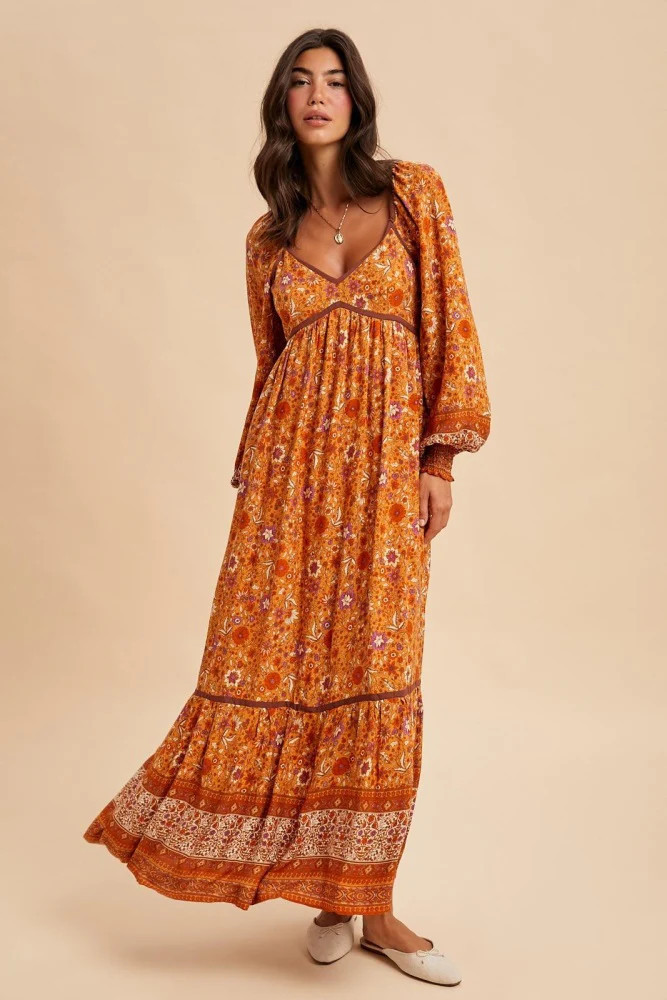 Orange Floral Border Print Long Sleeve Maxi Dress | PinkBlush Maternity