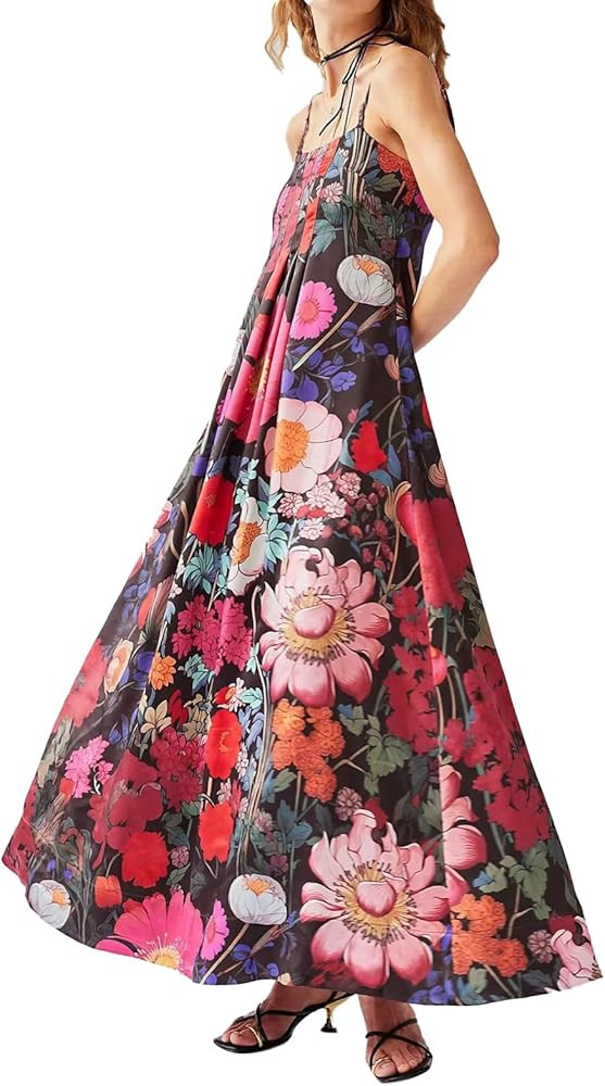 Women Boho Floral Maxi Dress Backless Spaghetti Strap A-Line Flowy Summer Vacation Long Dress | Amazon (US)
