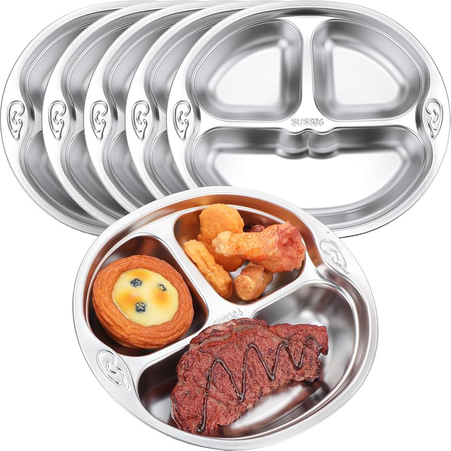 Tioncy 6 Pcs Stainless Steel Kids Plates 3 Sections Divided Unbreakable Dinner Plates Cute Monkey... | Amazon (US)