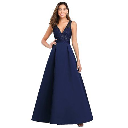 Ever-Pretty Women's Elegant V-neck Long Maxi Wedding Guest Dresses for Women 00839 Navy Blue US10 | Walmart (US)