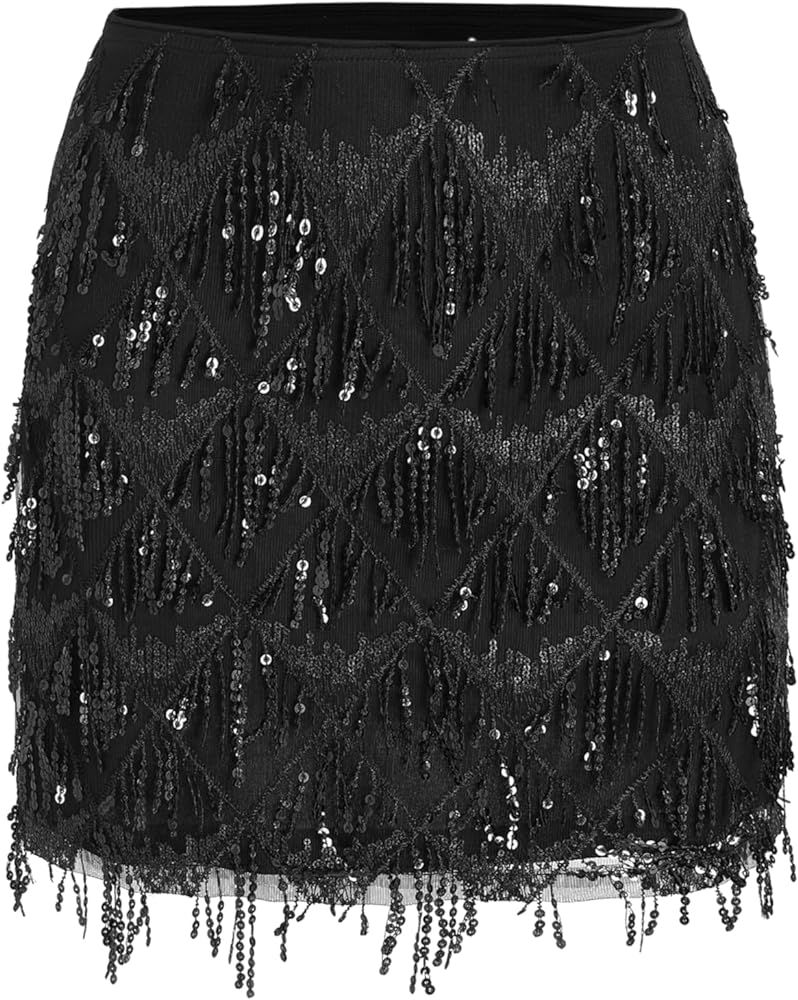CIDER Sequins Tassel Mid Waist Mini Skirt | Amazon (US)