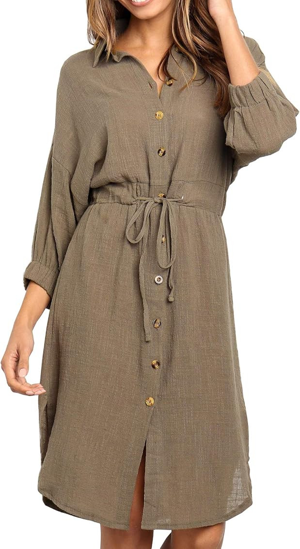 R.Vivimos Women's Summer 3/4 Sleeve Linen Button Down Casual Knee Length Dress with Tie Waist | Amazon (US)