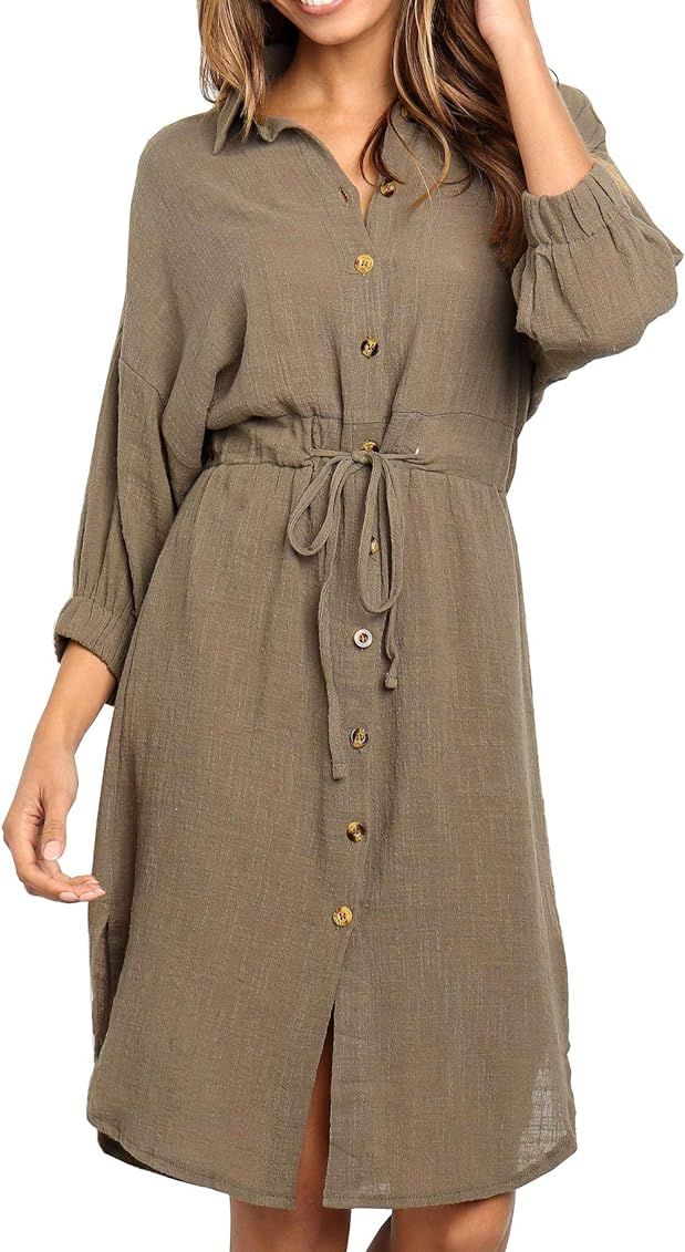 R.Vivimos Women's Summer 3/4 Sleeve Linen Button Down Casual Knee Length Dress with Tie Waist | Amazon (US)