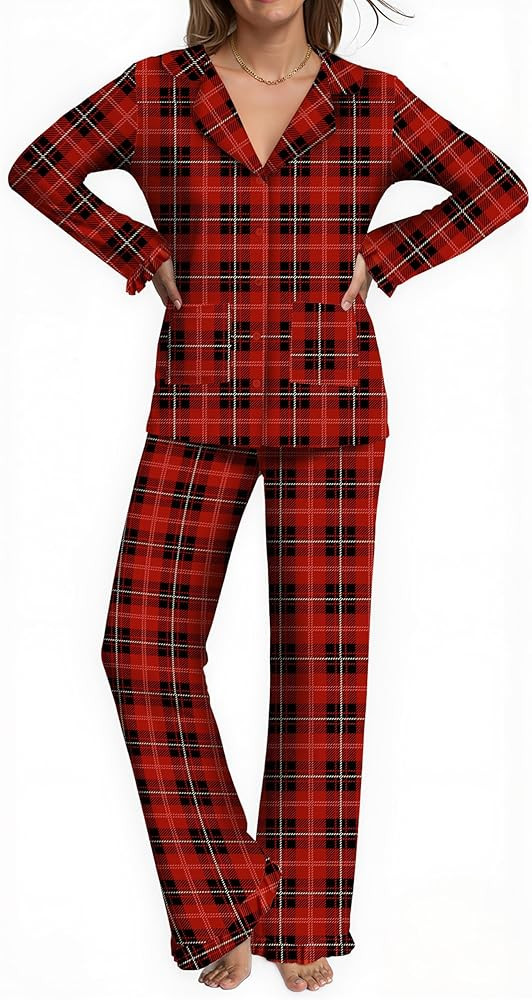 SHESHOW Women's Pajama Sets with 4 Pockets Plaid Pjs Button Down Long Sleeve Sleepwear Ruffles He... | Amazon (US)