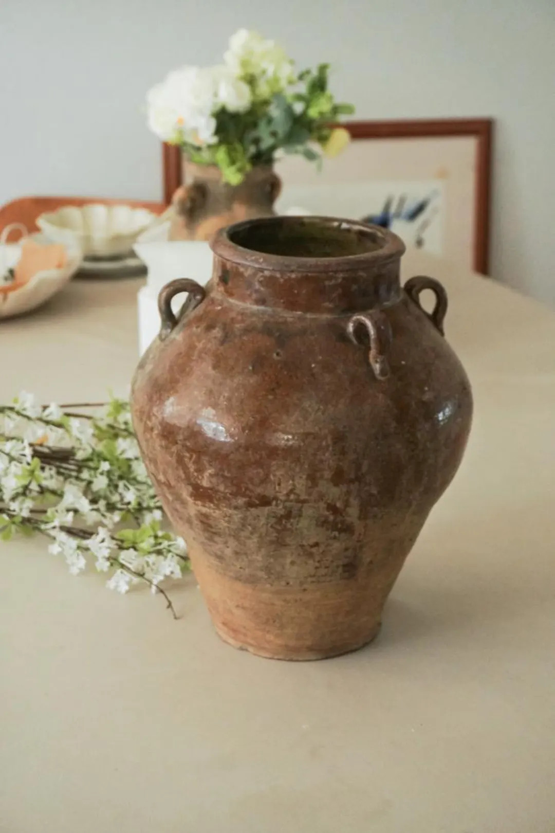 Vintage Wabi-Sabi Clay Pot,Rustic Farmhouse Vase,Vintage Amphora Pottery,Black Pot,Vintage Grey P... | Etsy (US)