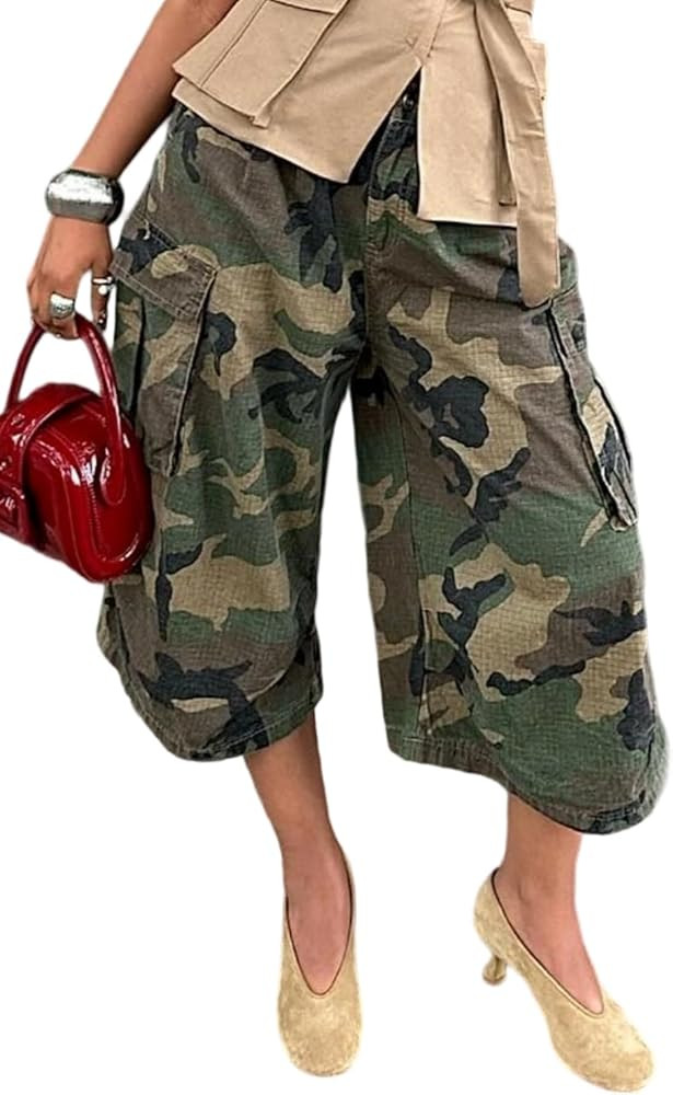 Women's Camo Cargo Jeans Baggy Camouflage Wide Leg High Waist Bermuda Trousers Capris Army Fatigu... | Amazon (US)