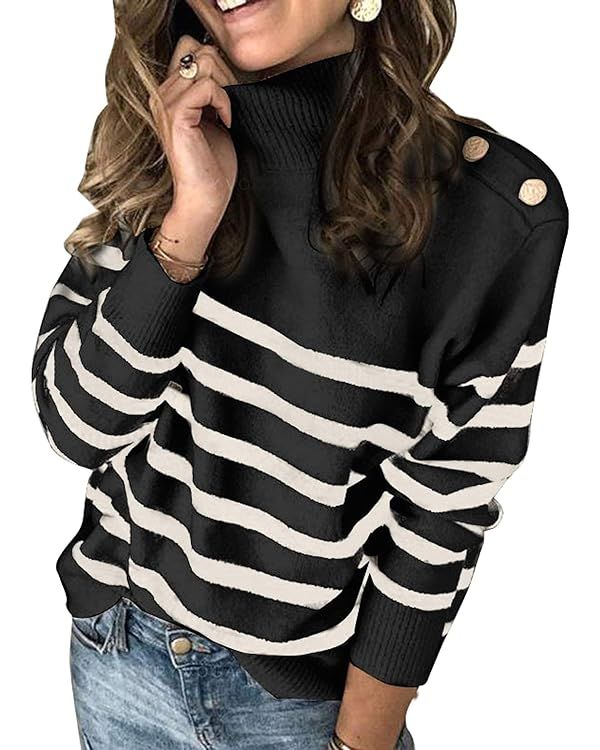 Asvivid Turtle Neck Striped Button Pullover Sweaters for Women Casual Loose Winter Warm Knitted J... | Amazon (US)