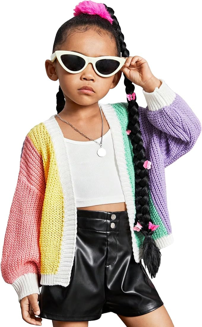 WDIRARA Girl's Colorblock Open Front Bishop Long Sleeve Ribbed Knit Casual Cardigan Sweaters | Amazon (US)