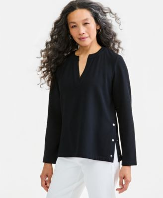 Style & Co Women's LuxLounge Fleece Splitneck Top, Macy's Exclusive - Deep Black | Macy's