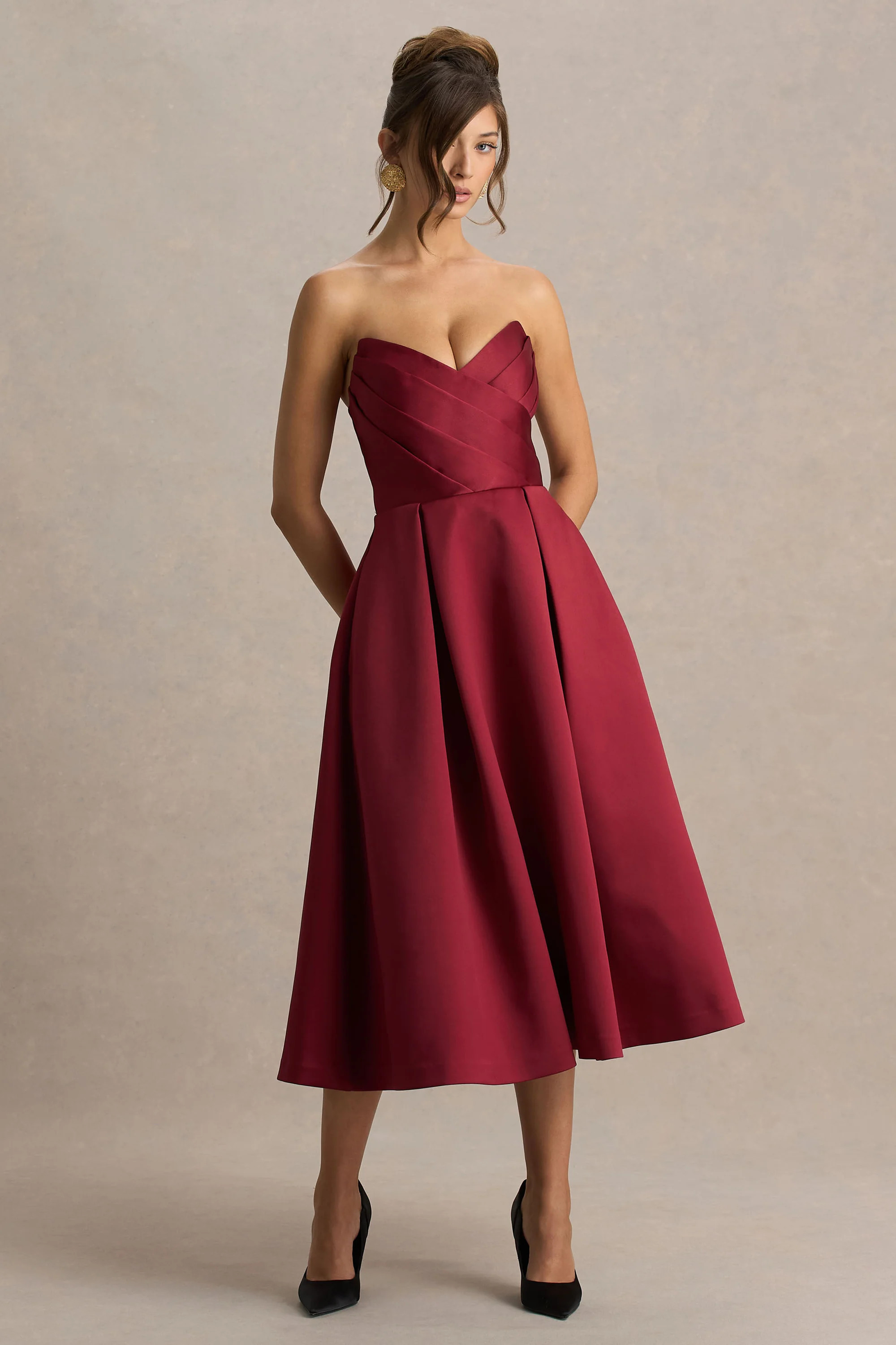 Promises | Burgundy Satin Sweetheart-Neck Midi Dress | Club L London