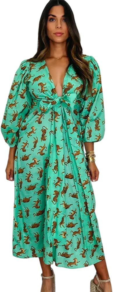 Women HandBlock Print Cotton Boho Designer Sleeve Bohemian Causal Women Summer Midi Dress | Amazon (US)