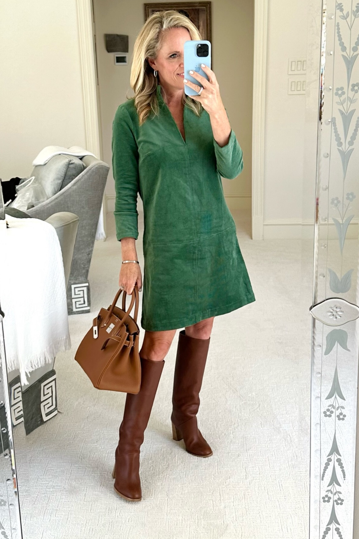 Corduroy Dress with Bold Accessories