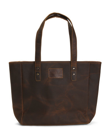 Unisex Leather Zip Top Tote Bag With Flag Patch | TJ Maxx