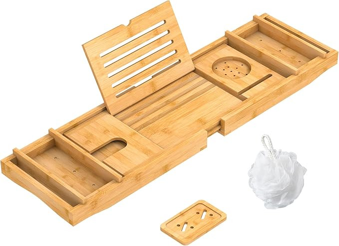 Bamboo Bathtub Tray Bath Tub Caddy with Expandable Handles Wine Glass Phone Holder Book Stand for... | Amazon (US)