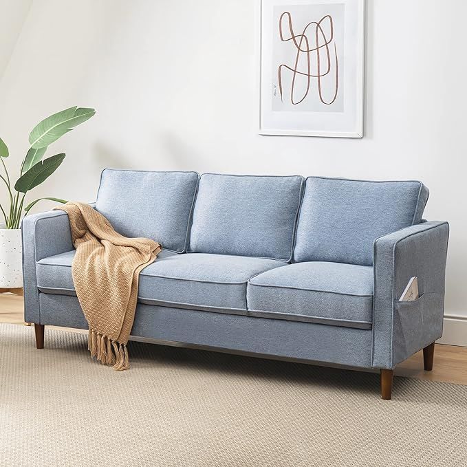 Mellow HANA Modern Linen Fabric Loveseat / Sofa / Couch with Armrest Pockets, Dusty Blue | Amazon (US)