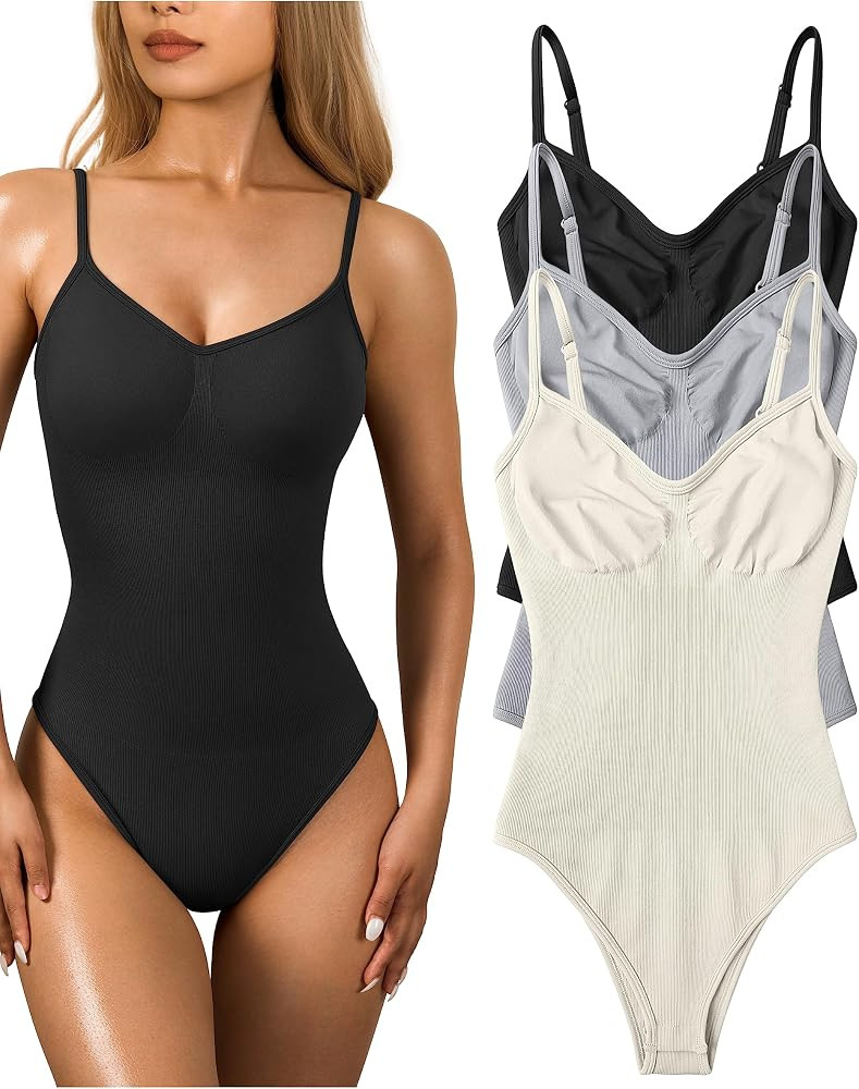 OQQ Women's 3 Piece Bodysuits Sexy Ribbed Sleeveless Adjustable Spaghetti Strips Shapewear Tops B... | Amazon (US)