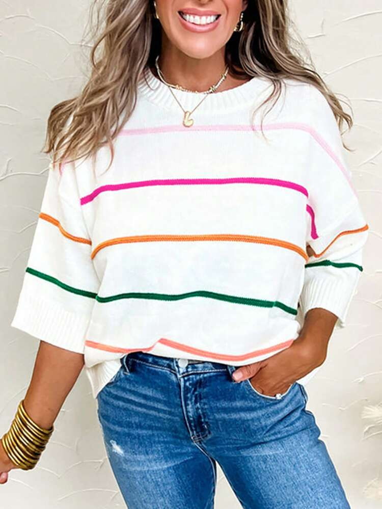 Acelitt Casual Contrast Stripe Off-Shoulder 3/4 Sleeve Ribbed Crew Neck Knit Top, Suitable For Al... | SHEIN