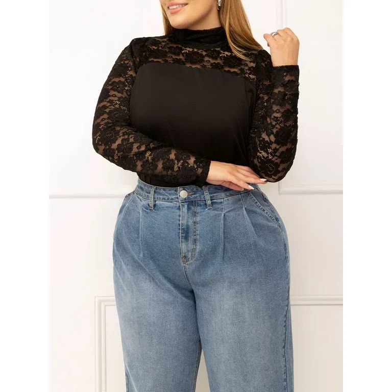 ELOQUII Elements Women's Plus Size Lace Top with Long Puff Sleeves - Walmart.com | Walmart (US)
