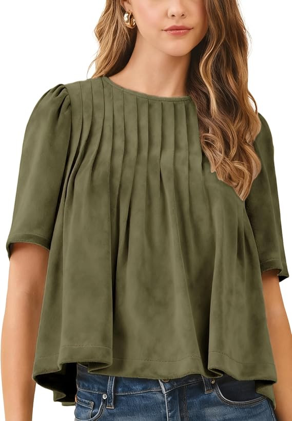 Lentta Womens Faux Suede Babydoll Tops Casual Crewneck Pleated Peplum Blouse Short Sleeve Flowy P... | Amazon (US)