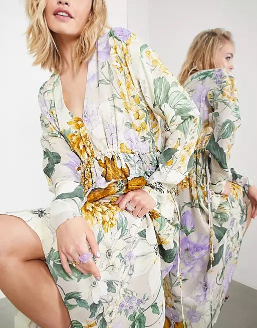 ASOS EDITION satin v neck oversized midi dress with drawstring in large floral print | ASOS (Global)