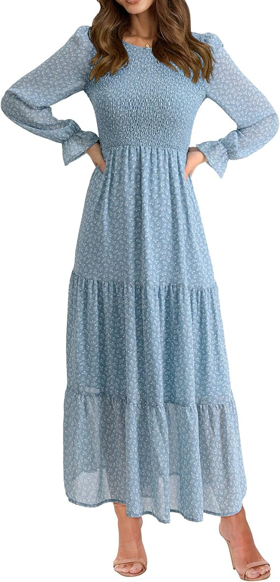 BTFBM Women Casual Long Sleeve Crew Neck Fall Dress Bohemian Relaxed Fit Floral Flowy Maxi Dresse... | Amazon (US)