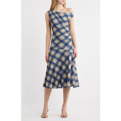 Rails Delores Off the Shoulder Midi Dress in Navy Sage Plaid at Nordstrom, Size Small | Nordstrom