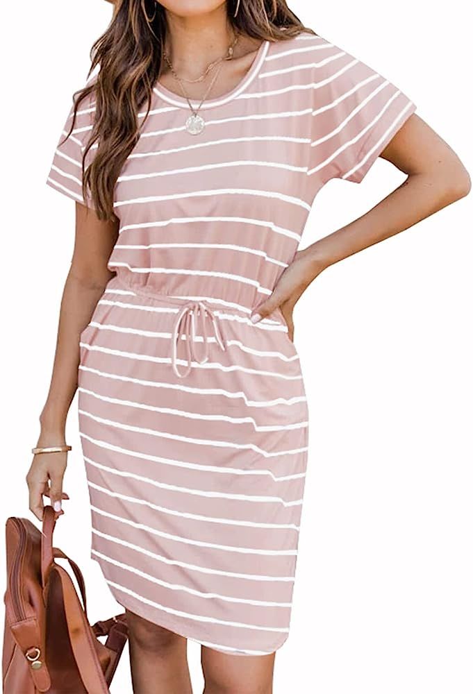 Moyabo Women's Summer Striped Short Sleeve Round Neck Casual Elastic Waist Dress with Pockets | Amazon (US)