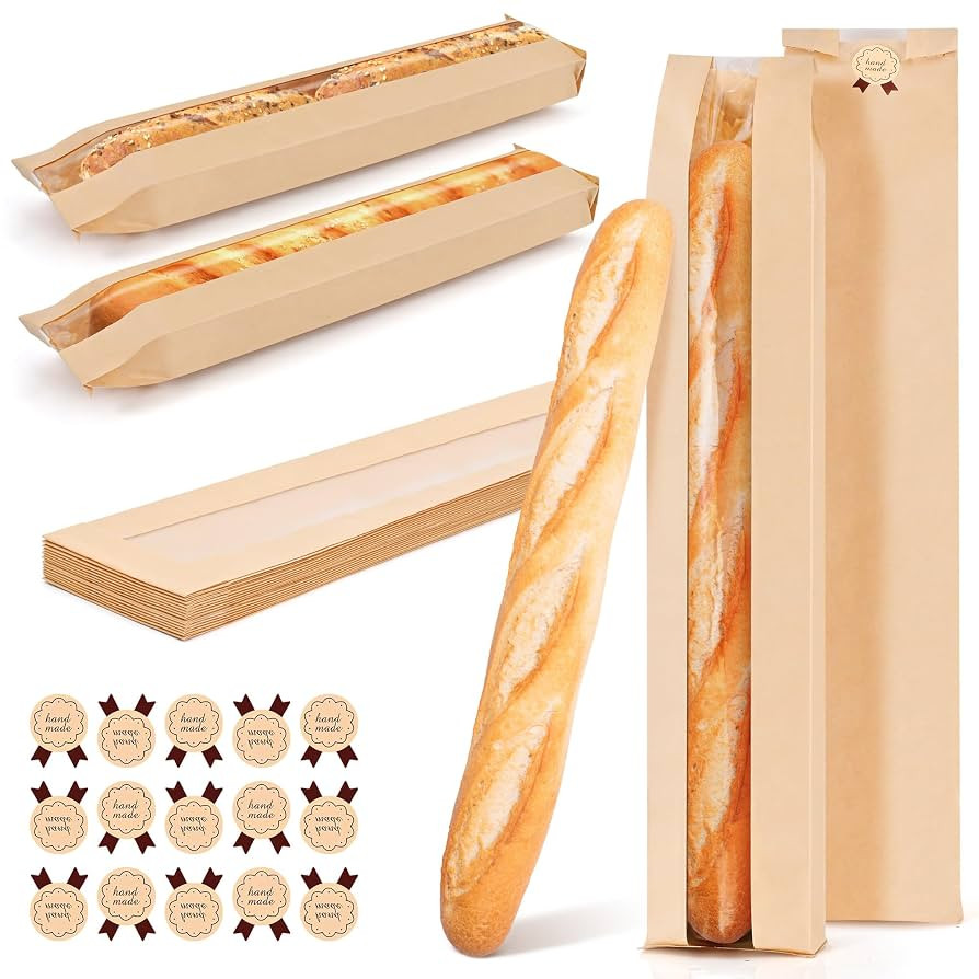 50-Pack Baguette Bags for Homemade Bread - Large Sourdough Paper Bread Bags with Clear Window - B... | Amazon (US)