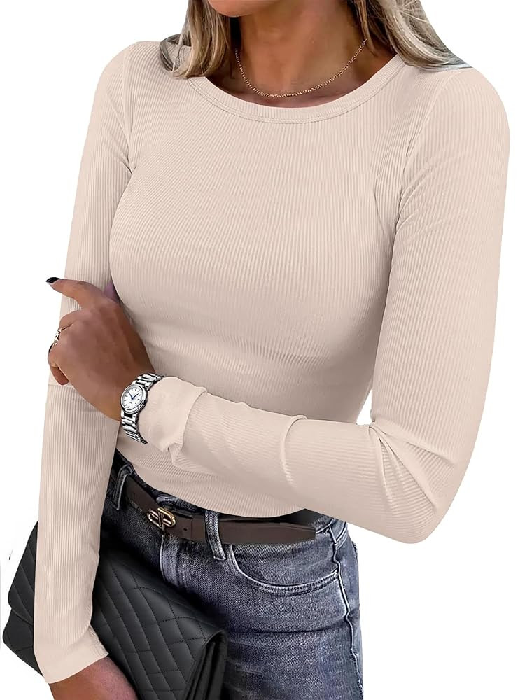 QUALFORT Women's Long Sleeve Shirts Rib Knit Slim Fit Crewneck Basic Tee Tops 2025 Casual T-Shirt... | Amazon (US)