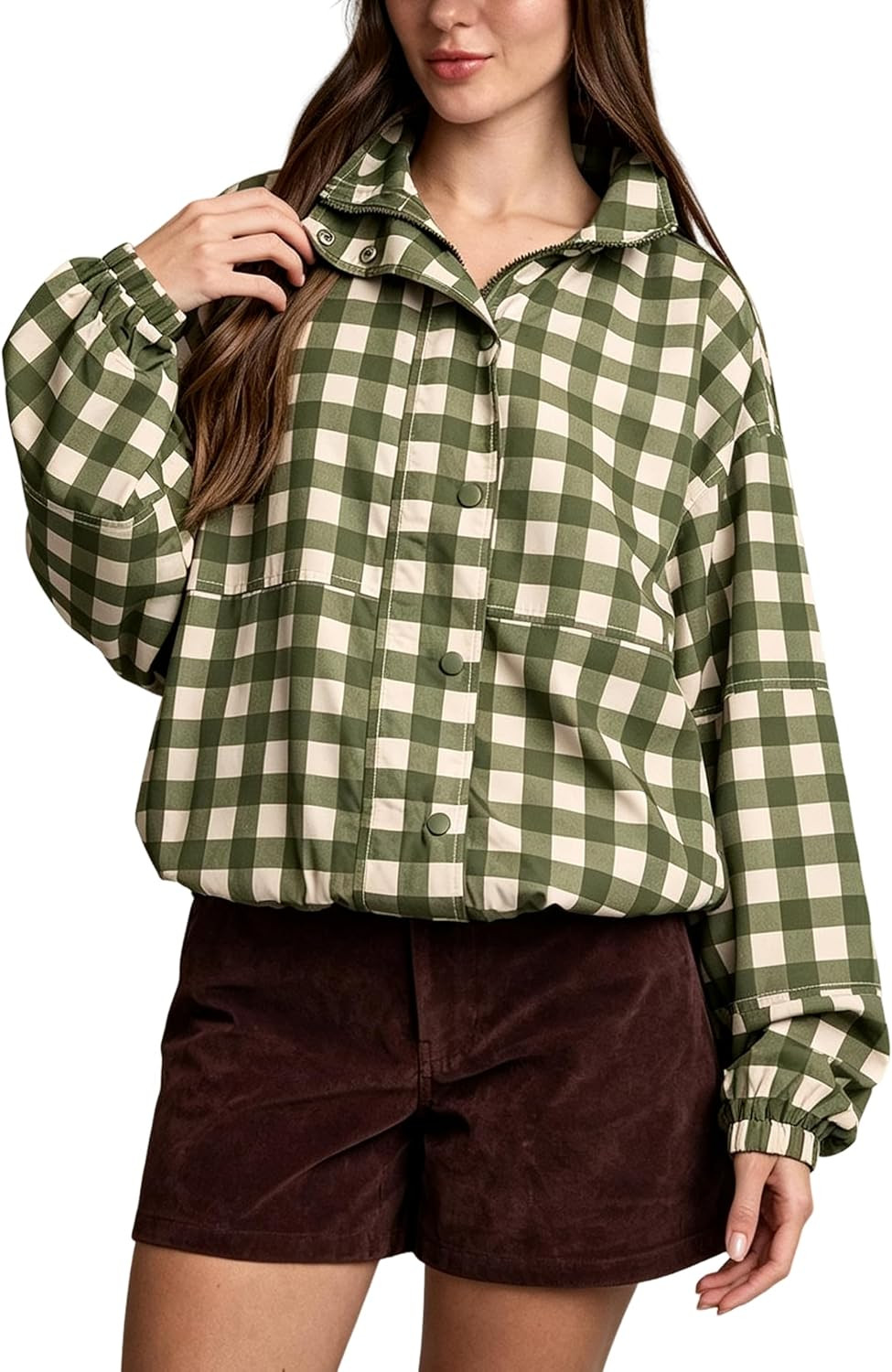 Lviefent Womens Cropped Gingham Plaid Jacket Loose Stand Collar Outwear | Amazon (US)