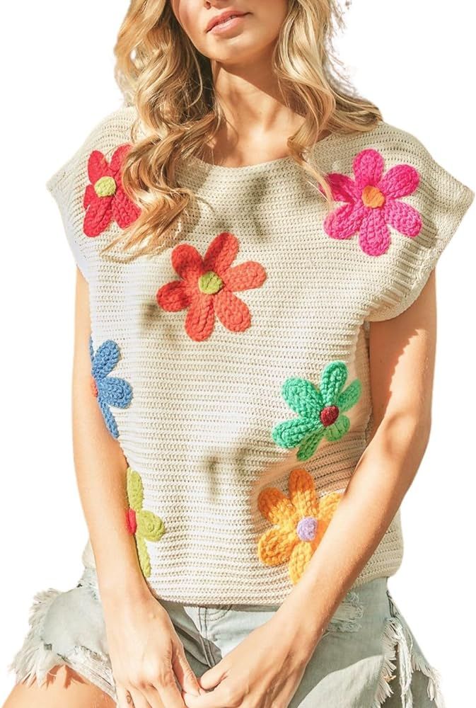 Womens Crochet Flower Embroidery Knit Top Sleeveless Round Neck Knit Sweater | Amazon (US)