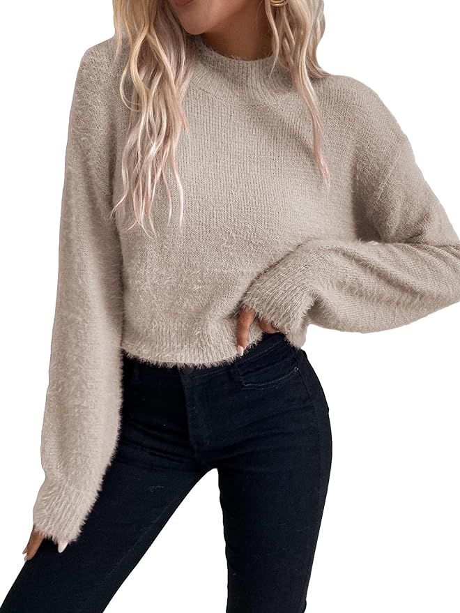 Cozyease Women's Plain Fluffy Knit Long Sleeve Pullover Sweater Mock Neck Drop Shoulder Crop Top | Amazon (US)