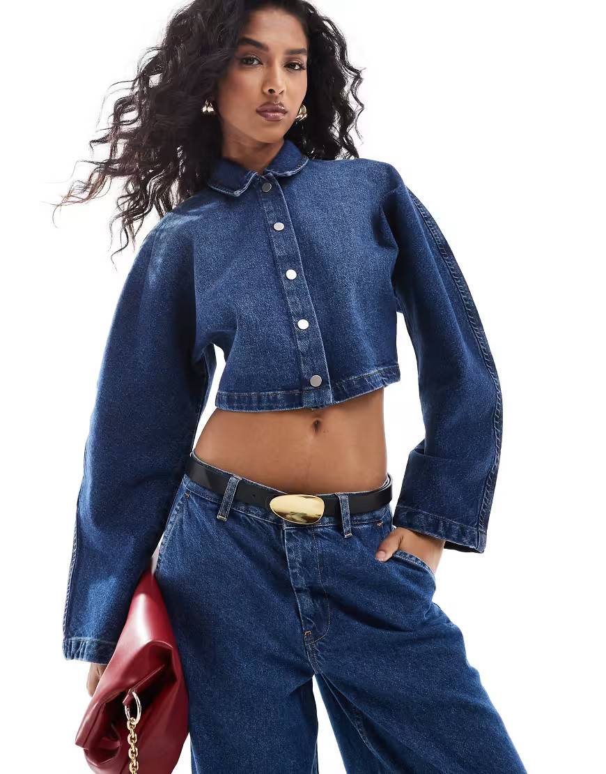 ASOS DESIGN denim top with cocoon sleeves in mid blue | ASOS (Global)