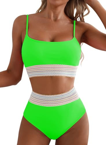 Herseas Women's Lime Green Bikini Sets Color Block 2 Piece High Waisted Swimsuit Padded Cami Top Tummy Control Bathing Suit Small | Amazon (US)