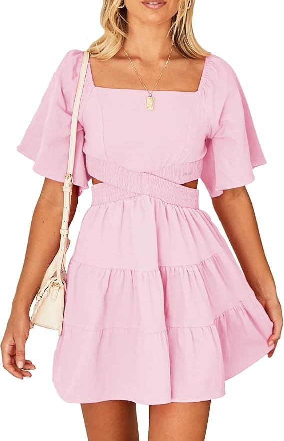 Shy Velvet Women's Summer Dress Square Neck Short Sleeves Crossover Waist Casual Party Mini Dress... | Amazon (US)