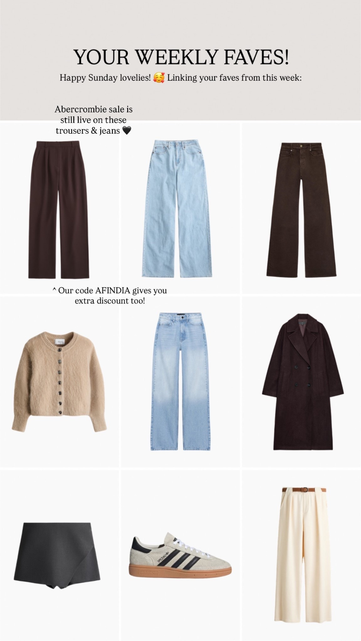 Your weekly faves 🫶🏽 Code AFINDIA on Abercrombie items for extra discount on top of current sale 🖤

#LTKstyletip #LTKspring #LTKeurope
