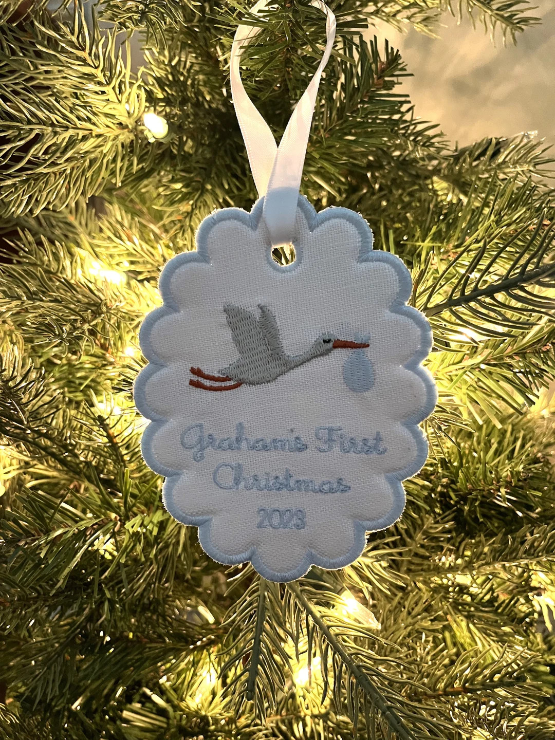 Baby's First Christmas Stork Custom Embroidered Scallop - Etsy | Etsy (US)
