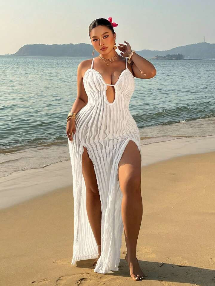 Sunnyshic Plus Size Women Long Slip Dress With Open Slit, Sexy V-Neck Fitted Summer Maxi Dress | SHEIN