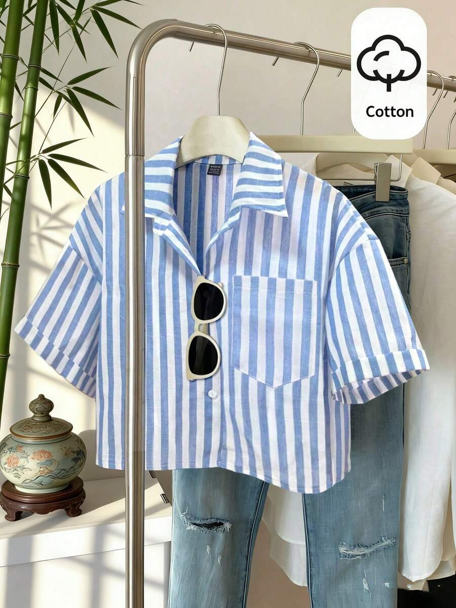 Elamini Striped Cropped Relaxed Casual Women Oversized Cuffed Sleeve Blouse, Linen Texture Women ... | SHEIN