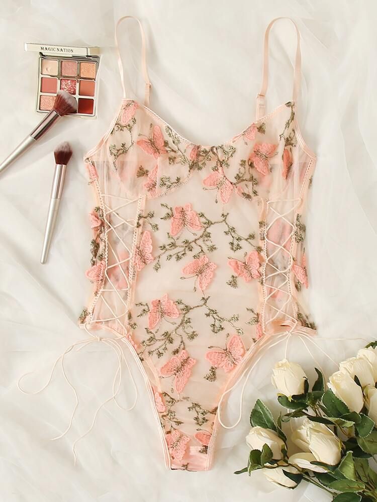 Butterfly Embroidered Mesh Teddy Bodysuit | SHEIN