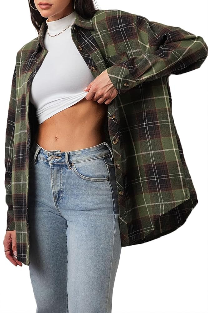 CHYRII Womens Button Down Flannel Shirts Long Sleeve Plaid Shackets Business Casual Blouse Top | Amazon (US)